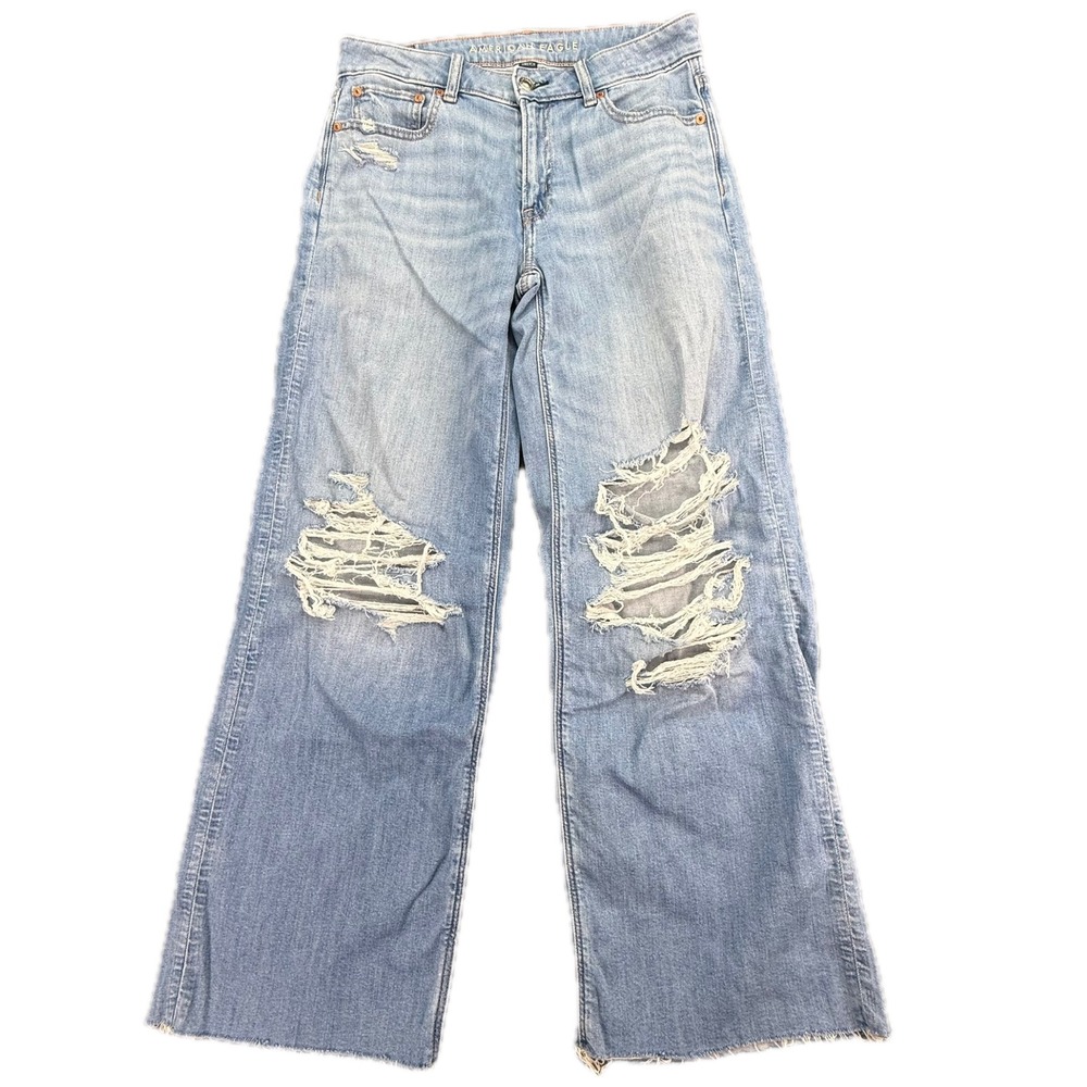American Eagle Jeans Womens 2‎ Blue Low Rise Baggy Wide Leg Distressed Stretch